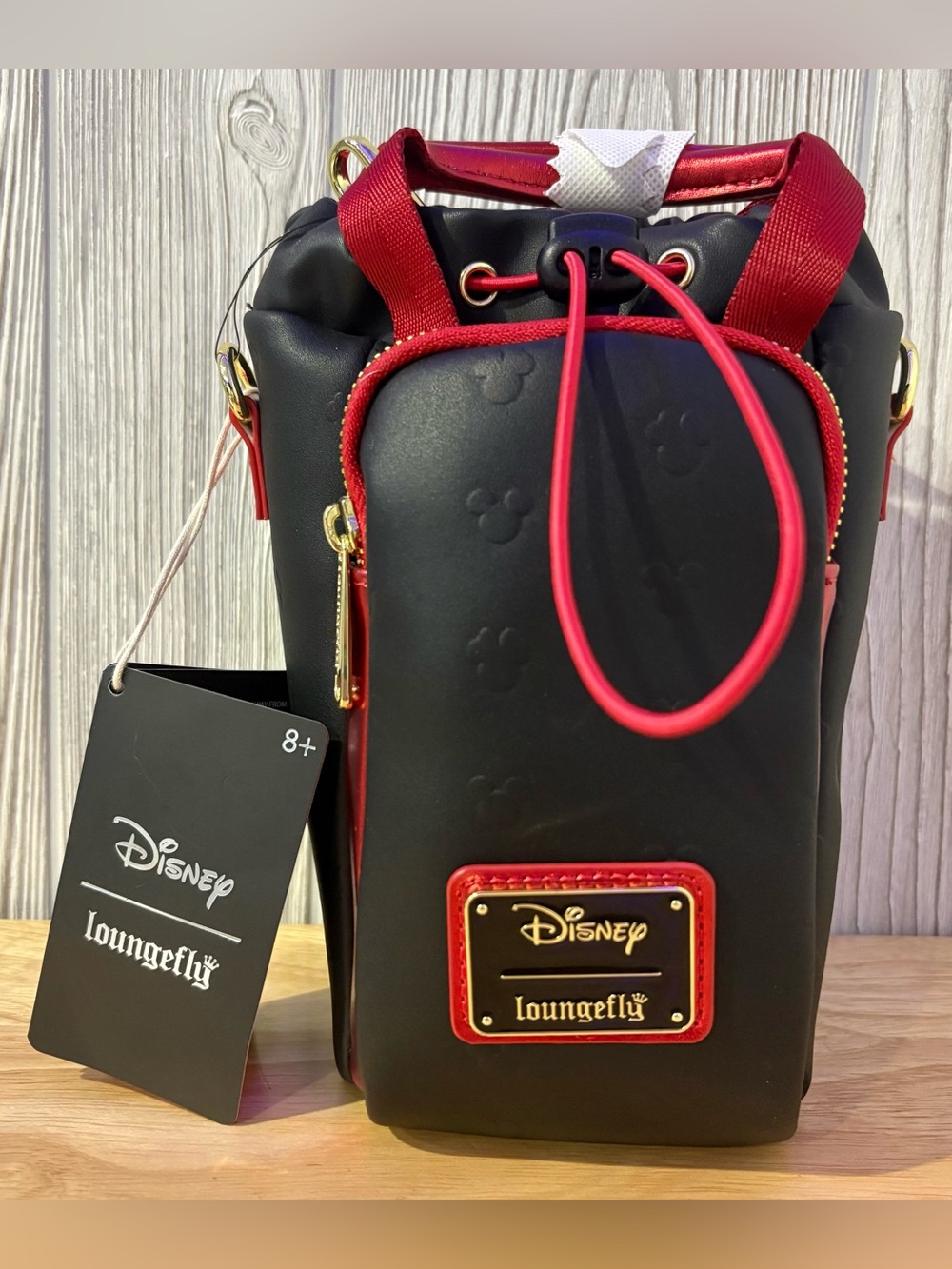 Disney Loungefly Mickey Embossed Black Red Water Bottle Crossbody Bag NWT - Picture 1 of 6